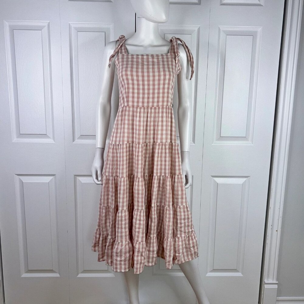 Pink Gingham Tie-Shoulder Tiered Midi Dress